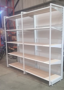 1 X 2 SECTION 5 TIER SHELVING UNIT (3m H x 2.55m W x 0.7m D) (3 UPRIGHT COLUMNS & 10 SHELVES WITH WOOD BOARDS & 3 OUTRIGGES)