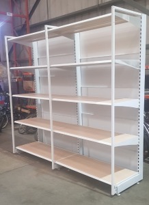 1 X 2 SECTION 5 TIER SHELVING UNIT (3m H x 2.55m W x 0.7m D) (3 UPRIGHT COLUMNS & 10 SHELVES WITH WOOD BOARDS & 3 OUTRIGGES)