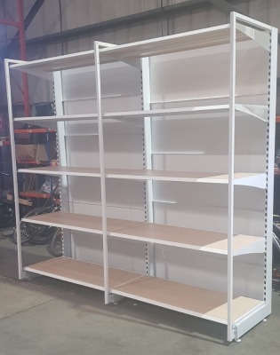1 X 2 SECTION 5 TIER SHELVING UNIT (2.4m H x 2.55m W x 0.7m D) (3 UPRIGHT COLUMNS & 10 SHELVES WITH WOOD BOARDS & 3 OUTRIGGES)