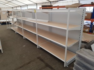 1 X 4 SECTION 4 TIER SHELVING UNIT (1.5m H x 5.35m W x 0.74m D) (5 UPRIGHT COLUMNS & 16 SHELVES WITH WOOD BOARDS & 5 OUTRIGGES)