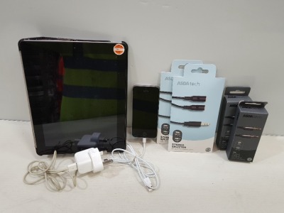 1 X APPLE IPAD TABLET 16GB STORAGE WITH CHARGER - CASE - STEREO SPLITTER 3.5MM JACK CABLE AND 1X APPLE IPHONE 16GB STORAGE CHARGE CABLE - STEREO SPLITTER 3.5MM JACK CABLE