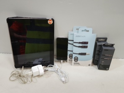 1 X APPLE IPAD TABLET 16GB STORAGE WITH CHARGER - CASE - STEREO SPLITTER 3.5MM JACK CABLE AND 1X APPLE IPHONE 16GB STORAGE CHARGE CABLE - STEREO SPLITTER 3.5MM JACK CABLE