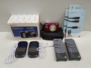 4 X PIECE MIXED LOT CONTAINING 1 X BOXED RICOH CAMERA WITH MANUALS - 1X NIKON CAMERA WITH CASE + MANUALS - 2 X PHONES WITH CHARGE CABLES STEREO SPLITTERS AND 3.5MM JACK CABLES