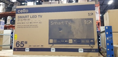 1 X BOXED CELLO SMART LED TV 4K ULTRA HD 65 INCH A- GRADE SNCB172300234