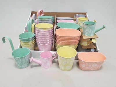 105 X BRAND NEW METAL FLOWER POTS, WATERING CANS & BUCKETS IN ASSORTED COLOURS (LOAD 7 PALLET 13)