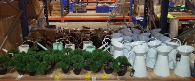 50 + BRAND NEW MIXED LOT CONTAINING OUTDOOR LIVING ARTIFICIAL BONSAI TREES / OUTDOOR LIVING PLANTER VASE / METAL WATERING CAN PLANTER / METAL SPHERE HANGING CANDLE HOLDER - ON A FULL BAY ( LOAD 7 - PLT 26 )