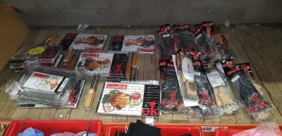 75+ BRAND NEW MIXED LOT TO INCLUDE - BBQ TOOL KIT - BARBECOOK BBQ UTENSILS - BARBECOOK GRILL BASKETS - BARBECOOK METAL TRAY ETC