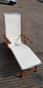 2 X BRAND NEW JOHN LEWIS WOODEN GARDEN LOUNGE CHAIRS WITH FOOT REST AND CUSHION - IN 2 BOXES