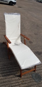 2 X BRAND NEW JOHN LEWIS WOODEN GARDEN LOUNGE CHAIRS WITH FOOT REST AND CUSHION - IN 2 BOXES