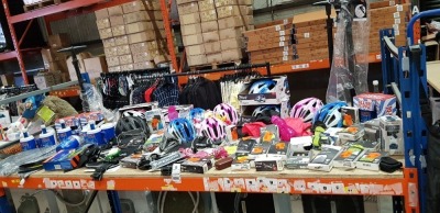 50 X PIECE MIXED LOT TO INCLUDE CRIVIT FLOOR PUMP - CRIVIT BIKE HELMETS - ROCKTRAIL TENT ORGANISER - LED BIKE LIGHTS - SLUSH PUPPY CUPS AND LIQUID - SUNGLASSES - KNEE PROTECTORS ETC