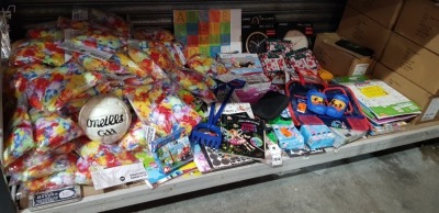 300+ MIXED PIECE LOT CONTAINING AURIOL WALL CLOCKS POPPY FIELDS TRAVEL SET, , FIT 4 KIDS, COLOURING BOOKS, FINGER PAINTS , KIDS LIGHT UP CLOGS SIZS 9 , LEI FLOWER GARLANDS. ETC ON 3/4 OF A BAY.