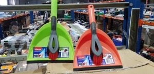 35 X PIECE LOT CONTAINING VILEDA DUST PAN AND BRUSH IN VARIOUS COLOURS GREEN , BLUE , CORAL , IN 3 BOXES.