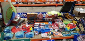 100+ PIECE LOT MIXED CONTAINING PLAY TIME TORNADO WATER GUNS , PEPPA PIG TEDDY , RADIO CONTROLLED CAR , INFLATABLE ELEPHANT WATER SPRINKLER TORNADO WATER GUN / , ETC ON A FULL BAY