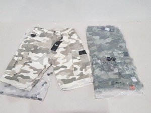 7 X BRAND NEW MIXED COLOURS CROSSHATCH CAMO SHORTS 3/4 LONG KNEE CARGO COMBAT MILITARY SHORTS STONE CAMO & OLIVE CAMO IN SIZES 30W,40W