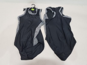 50 X BRAND NEW WORKOUT 1 PIECE SWIMSUITS ZIP UP BACK - IN BLACK AND GREY - IN MIXED SIZES TO INCLUDE UK 10 / 12