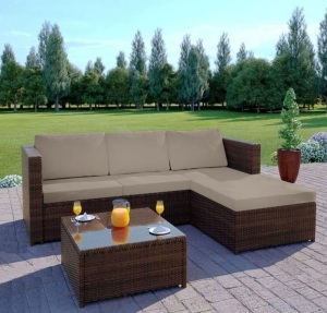 1 X BRAND NEW ABREO OUTDOOR RATTAN GARDEN CORNER SOFA AND TABLE SET ( RATTAN COLOUR - EDB276-2 ) ( CUSHION COLOUR - HB084 ) IMAGE REPRESENTS STYLE - ACTUALLY BROWN RATTAN, TAN CUSHIONS