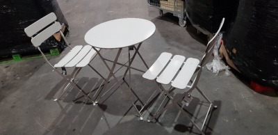 1 X BRAND NEW BOXED FOLDING GARDEN TABLE AND CHAIR SET TO INCLUDE 2 CHAIRS - IN GREY (DIAMETER 60 CM - HEIGHT 70 CM )