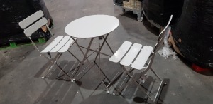 1 X BRAND NEW ( OUT OF BOX ) FOLDING GARDEN TABLE AND CHAIR SET TO INCLUDE 2 CHAIRS - IN GREY (DIAMETER 60 CM - HEIGHT 70 CM )