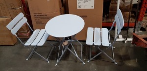 1 X BRAND NEW BOXED COLMAR GARDEN TABLE AND CHAIR SET TO INCLUDE 2 CHAIRS - IN BLUE ( DIAMETER 60 CM - HEIGHT 70 CM )