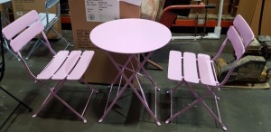 1 X BRAND NEW BOXED COLMAR GARDEN TABLE AND CHAIR SET TO INCLUDE 2 CHAIRS - IN PINK ( DIAMETER 60 CM - HEIGHT 70 CM )