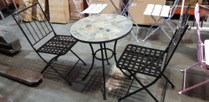 1 X BRAND NEW ( NO BOX ) OUTDOOR LIVING STONE TOP GARDEN TABLE AND CHAIR SET TO INCLUDE 2 CHAIRS - IN BLACK ( DIAMETER 60 CM - HEIGHT 70 CM )