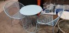 1 X GARDEN TABLE AND CHAIR SET TO INCLUDE 2 CHAIRS - IN BLUE ( SOME SCUFFS AND MARKS ON TABLE TOP ) -( DIAMETER 60 CM - HEIGHT 70 CM )