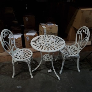 1 X BRAND NEW STEEL GARDEN TABLE AND CHAIR SET TO INCLUDE 2 CHAIRS - IN WHITE ( DIAMETER 60 CM - 70 CM HEIGHT )