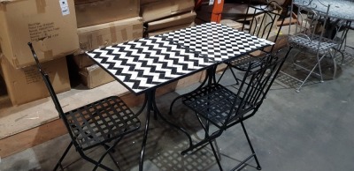 5 PIECE GARDEN SET CONTAINING 2 SQUARE TILE TOP TABLES AND METAL CHAIRS IN BLACK ( 60 X 60 CM TABLES - 74 CM HEIGHT )