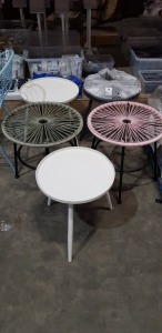 6 PIECE GARDEN COFFEE TABLES - 1 BLACK 3 LEGS / 2 WHITE 3 LEGS / 1 PINK 4 LEG GLASS TOP / 1 GREEN 4 LEG GLASS TOP