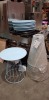 10 X BISTRO GARDEN TABLES - ALL IN BLUE - ( PLEASE NOTE ALL TABLE TOPS ARE DAMAGED ) DIAMETER 60 CM - 70 CM HEIGHT )