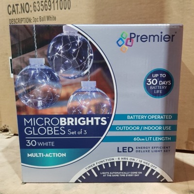 48 X BRAND NEW PREMIER SET OF 3 MICROBRIGHTS GLOBES - 60 CM LIT LENGTH - TIMER FUNCTION / 30 WHITE LED - IN 4 BOXES