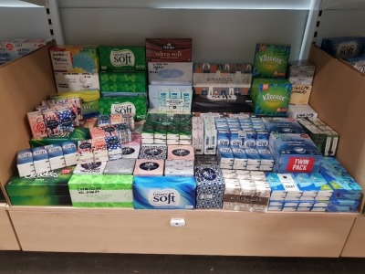 APPROX 100 X FACTORY SEALED TISSUE BOXES / TISSUE MULTIPLE PACKS IN VARIOUS SIZES & DESIGNS - MAINLY SUPERMARKET, CASH & CARRY & PHARMACY BRANDED (NOTE: THESE ARE FACTORY APPROVAL SAMPLES- BATCH NUMBER & DATE MARKED BUT IDEAL FOR END USER)