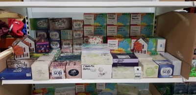 APPROX 100 X FACTORY SEALED TISSUE BOXES / TISSUE MULTIPLE PACKS IN VARIOUS SIZES & DESIGNS - MAINLY SUPERMARKET, CASH & CARRY & PHARMACY BRANDED (NOTE: THESE ARE FACTORY APPROVAL SAMPLES- BATCH NUMBER & DATE MARKED BUT IDEAL FOR END USER)