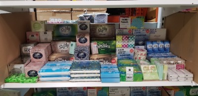 APPROX 100 X FACTORY SEALED TISSUE BOXES / TISSUE MULTIPLE PACKS IN VARIOUS SIZES & DESIGNS - MAINLY SUPERMARKET, CASH & CARRY & PHARMACY BRANDED (NOTE: THESE ARE FACTORY APPROVAL SAMPLES- BATCH NUMBER & DATE MARKED BUT IDEAL FOR END USER)