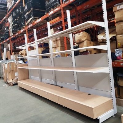 1 X 4 SECTION SHELVING STAND 3M HEIGHT- EACH SECTION 133CM WIDE - 5 UP STANDS - 4X BASE CUPBOARD 133CM X 25CM - 12X SHELVS