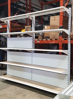 1 X 6 TIER 3M HEIGHT SHELVING UNIT - 10 SECTIONS - 11 UPSTANDS - 60 SHELVES - 60 BOARDS - LENGTH 13.3M (IMPORTANT NOTE: THIS UNIT WILL REQUIRE FIXING TO A SOLID WALL)