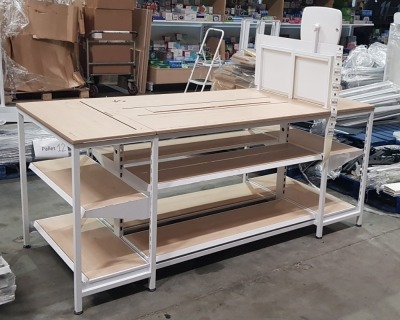 1 X BAY TABLE WITH 2 TIER UNDER SHELVING WOOD BOARDS (0.95m H x 2.22m L x 0.95m W) LOT SELLING UNIT IS ALL THAT YOU SEE IN THE IMAGE