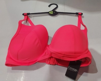 40 X BRAND NEW GEORGE PADDED SWIMWEAR BRA - IN LUMINOUS PINK - IN MIXED SIZES TO INCLUDE UK 34F / 34E / 36E - IN 2 TRAYS