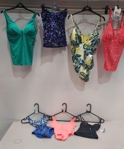 50 X BRAND NEW MIXED M & S ONE PIECE BODY SWIM SUIT DESIGNS INCLUDE- LEAF PALM WHITE AND GREEN , BLUE AND WHITE FLORAL , BLACK , GREEN ETC - SIZE INCLUDE - UK 8 / 16 / 6 / 18 / 10