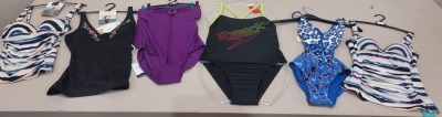 32 X BRAND NEW MIXED ONE PIECE SWIMSUIT DESIGN INCLUDE SPEEDO GREEN AND BLACK , PANACHE PURPLE , BLACK WITH FLOWERS , ECT - SIZE INCLUDE 12 / 8 / 14 / 34