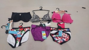 50 X BRAND NEW MIXED M & S HIPSTER BIKINI'S AND BIKINI TOPS DESIGNS INCLUDE PURPLE , FLORA WHITE AND BLACK , BLACK AND WHITE ZEBRA STYLE ETC - SIZES INCLUDE 8/ 18 / 16 / 14 / 20