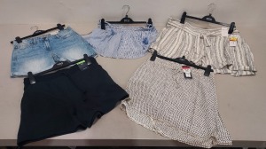 40 X BRAND NEW M & S WOMENS SHORTS STYLES INCLUDE - DENIM SHORTS BLUE , PINK , WHITE AND BLACK SPOTTED , BLACK ETC - SIZES INCLUDE - UK 12 / 10 / 6 / 18 / 16 / 22 /