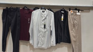 50 X BRAND NEW M & S MIXED LOT CONTAINING SHIRT'S , TROUSERS , COTTON BLAZER , WAISTCOAT'S VARIOUS STYLES INCLUDING - BLACK AND PURPLE , BLACK AND WHITE TRIM , BLACK , WHITE SHIRTS WITH PATTERN ETC - VARIOUS SIZES SMALL MEDIUM LARGE