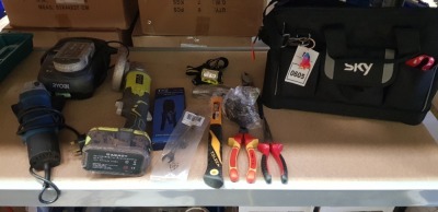 20 PIECE MIXED LOT CONTAINING RYOBI ANGLE GRINDER WITH BATTERY WITH CHARGER ( NO PLUG ) / PRO-CRAFT ANGLE GRINDER ( MODEL HPC-0033) / 3 IN 1 RATCHETING CRIMPING TOOL RJ45 / RJ12 / RJ11 / HAPPER / SNIPS / LONG NOSE PLIERS / 13 MM RATCHET SPANNER / HEAD