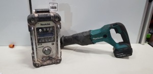 2 PIEVE MIXED TOOL LOT CONTAINING MAKITA DAB RADIO AND 1 X MAKITA RECRIPRICATING SAW WITH BATTERY NO CHARGER