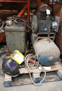 3 PIECE MIXED LOT CONTAINING 1 X LARGE BROOMWADE INDUSTRIAL COMPRESSOR ( C11427) / 1 X MODULA WELDING TRANSFORMER ( 235) AND 2 X WELDING MASKS