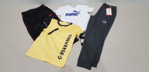 14 X BRAND NEW MIXED CLOTHING LOT CONTAINING PUMA KIDS JOGGERS IN BLUE AND BLACK - CONVERSE KIDS T-SHIRTS - PUMA KIDS T-SHIRTS - CHAMPION KIDS JOGGERS ETC IN VARIOUS SIZES