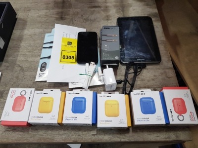 12 PIECE MIXED LOT CONTAINING 1 X SAMSUNG TABLET WITH CHARGER / 1 X MOTOROLA SMARTPHONE WITH CHARGE CABLE / 2 X 3.5 MM JACK CABLE / 2 X STEREO SPLITTERS / 4 X TECH21 AIRPOD CASES IN BLUE AND YELLOW / 2 X TECH 21 AIRPOD PRO CASES IN RED