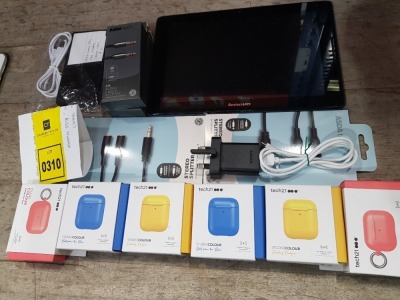 12 PIECE MIXED LOT CONTAINING 1 X LENOVO TABLET 10 INCH SCREEN / 16 GB STORAGE WITH CHARGER / 1 X NOKIA SMARTPHONE WITH CHARGE CABLE / 2 X 3.5 MM JACK CABLE / 2 X STEREO SPLITTERS / 4 X TECH 21 AIRPOD CASES IN BLUE AND YELLOW AND 2 X AIRPOD PRO CASES IN R