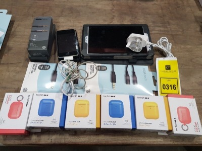 12 PIECE MIXED LOT CONTAINING 1 X APPLE IPAD TABLET 16 GB STORAGE WITH CHARGER / 1 X APPLE IPOD TOUCH 16 GB STORAGE WITH CHARGE CABLE / 2 X 3.5 MM JACK CABLE / 2 X STEREO SPLITTERS / 4 X TECH 21 AIRPOD CASES IN BLUE AND YELLOW AND 2 X AIRPOD PRO CASES IN